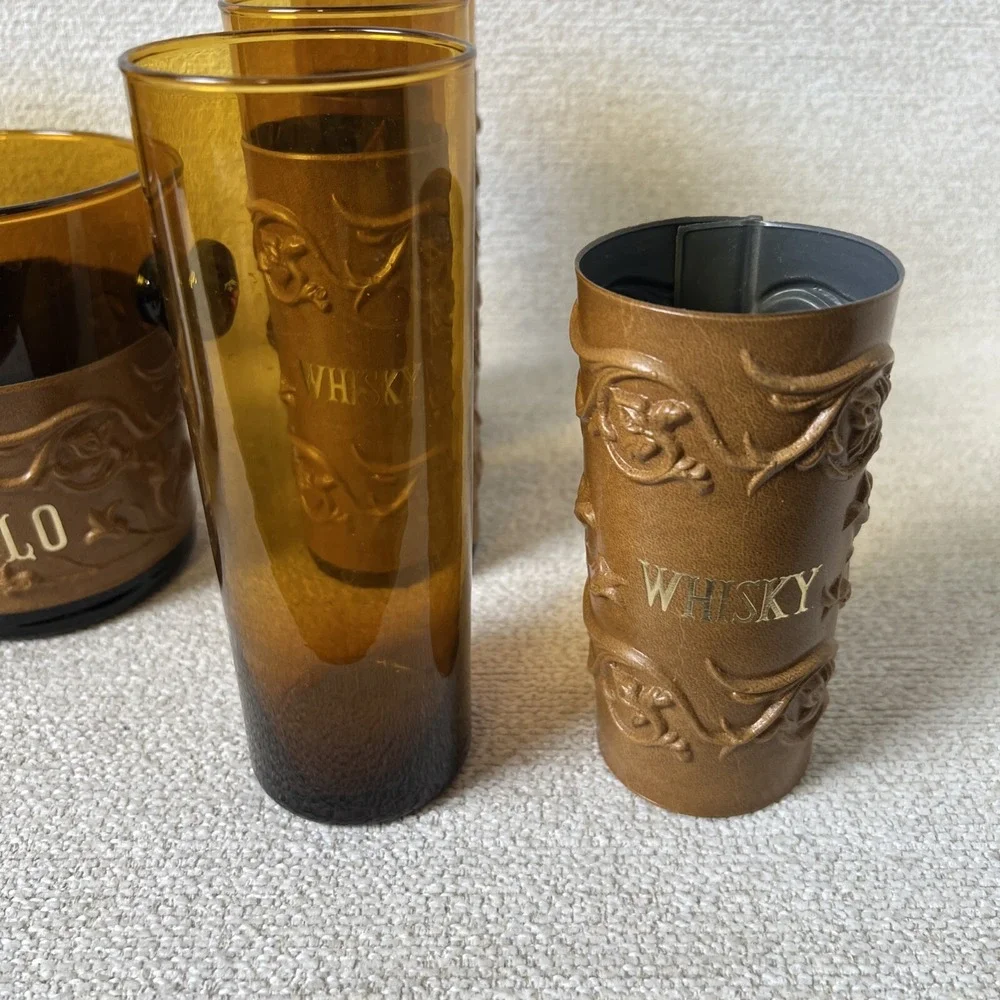 Whisky Glasses & Glass Ice Bucket Amber Embossed Leather Sleeve Set 7 Bar Liquor